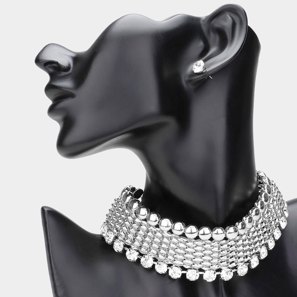 Stone Embellished Chunky Metal Choker Statement Necklace
